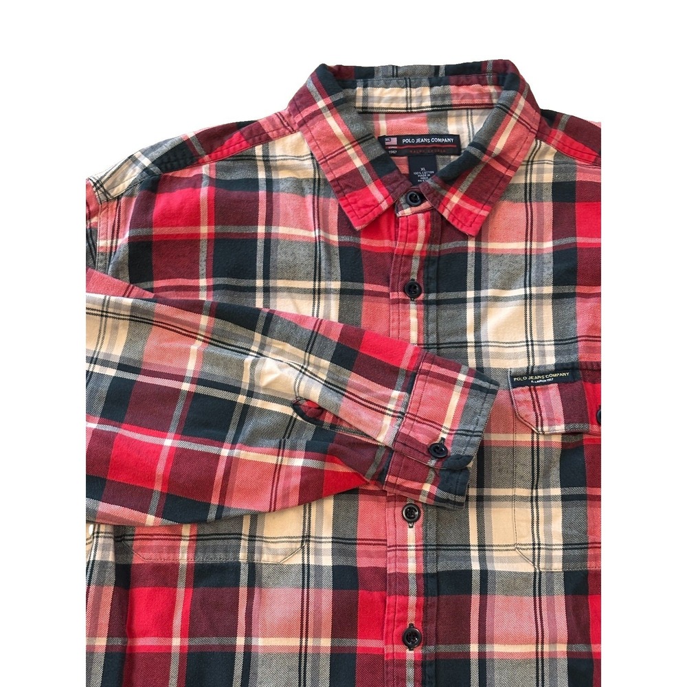 Vtg Polo Ralph Lauren Jeans Co Mens XL Green Red Plaid Flannel Shirt Long Sleeve